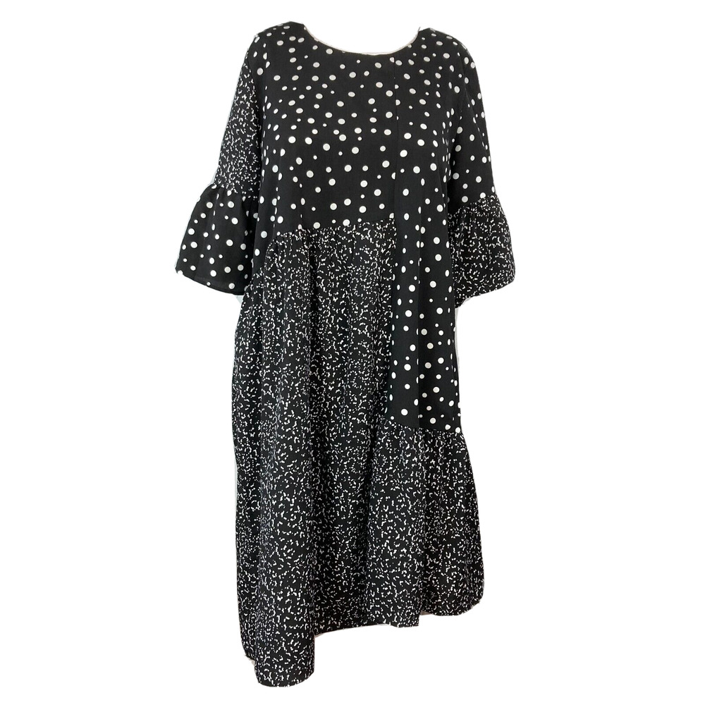 Caara Dress Womens Sz S Black White Polkadot Tiered Bell Sleeve Asymmetric Shift